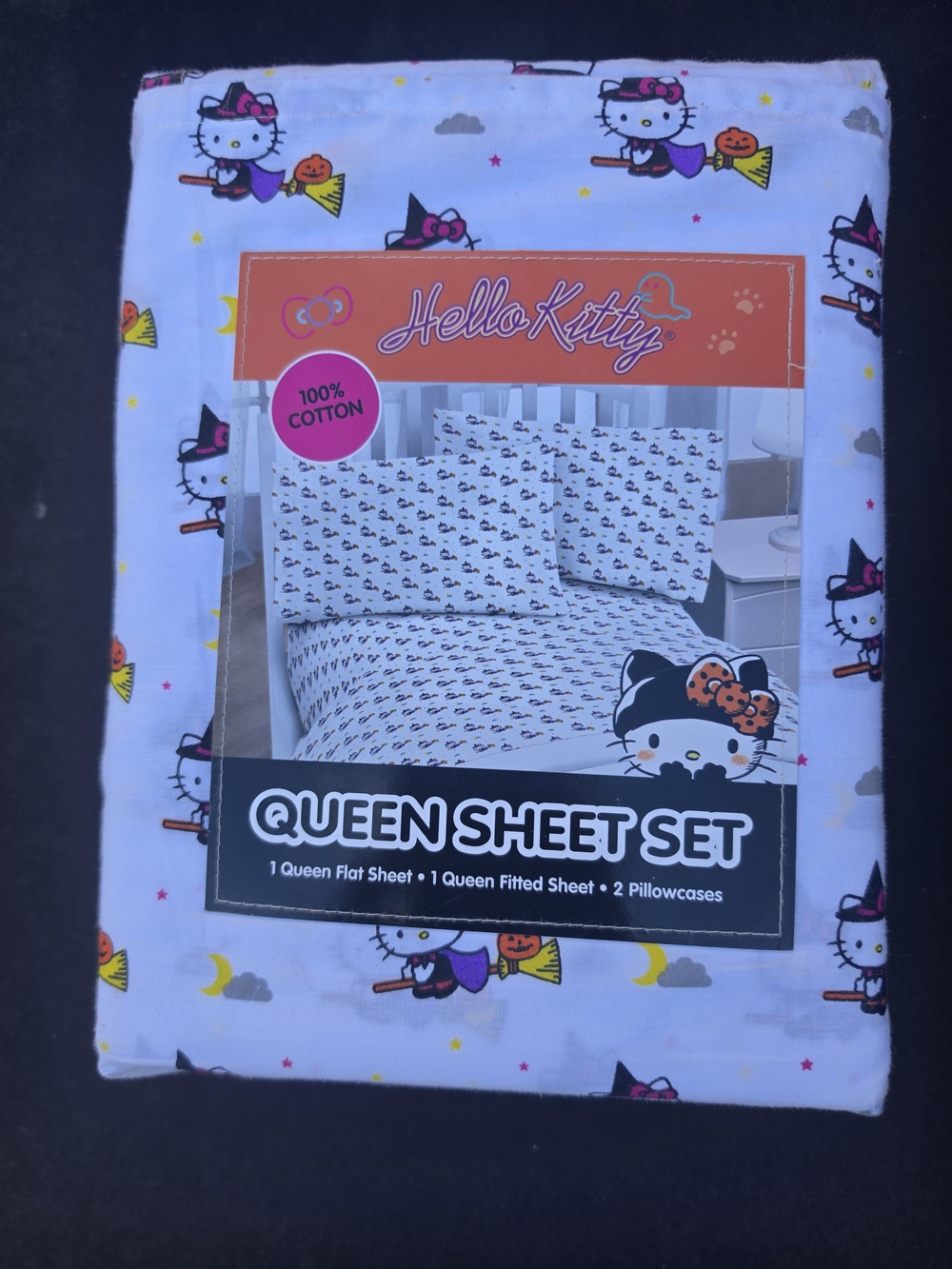 Hello Kitty Queen Sheet Set - White with Pink, Yellow, Black Accents